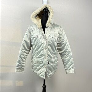 Gap Down Parka Silver Satin Fur Hood Utility Pockets Puffer Coat Jacket L